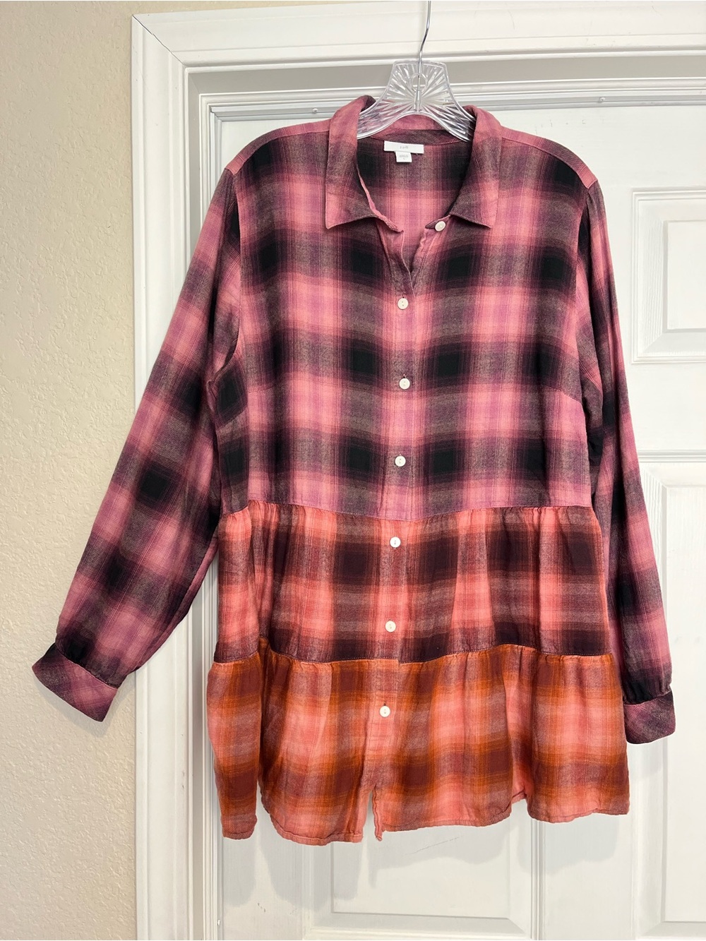 J. Jill | Ombré Plaid Tiered Flannel Button Up Tunic, Large